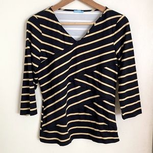 Black & Tan Striped V-neck Layered Top 3/4 Sleeves Size S